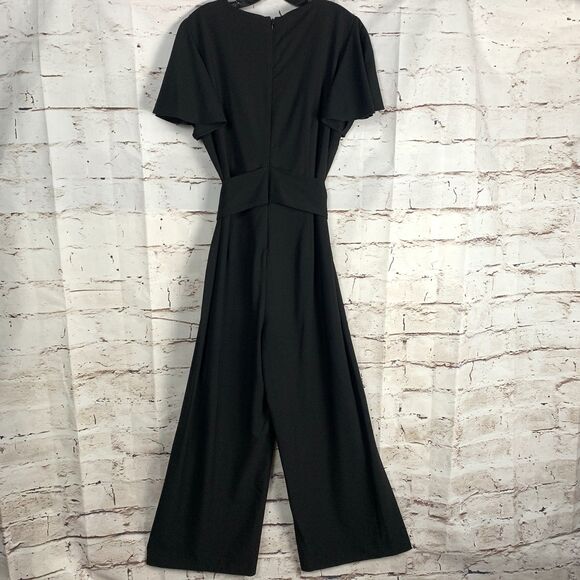 Preston & York Black V-Neck Tie Waist Wide Leg Jumpsuit Size 14 Flutter Sleeve - Picture 2 of 7